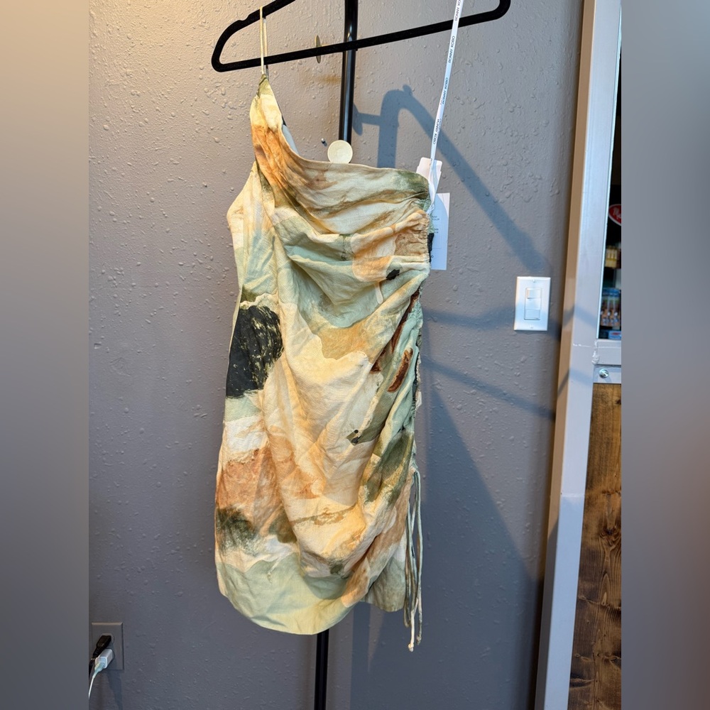 Ronny Kobo Collection One-Shoulder Abstract Print Dress in Sage, Tan and Cream